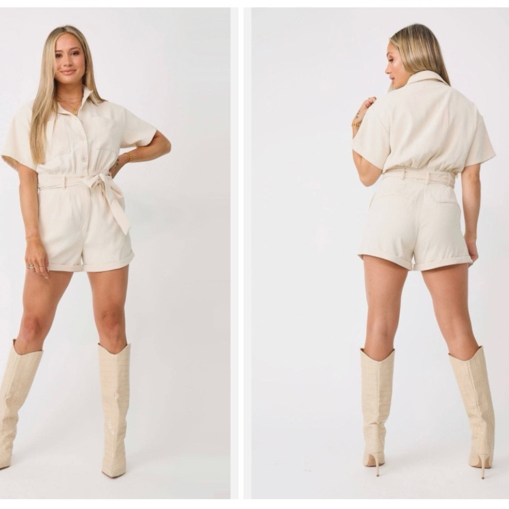 Kittenish White Utility Cargo Bow Tie Romper Jumpsuit Womens Small